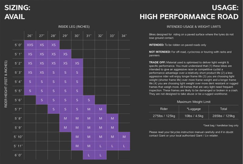 giant liv xs frame size